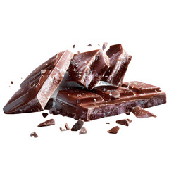 Rich dark chocolate bar pieces broken and scattered delicious sweet confectionery isolated on transparent background