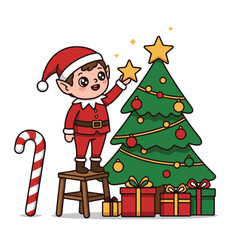 Cartoon elf decorating a Christmas tree with a star on a stool with presents and candy cane