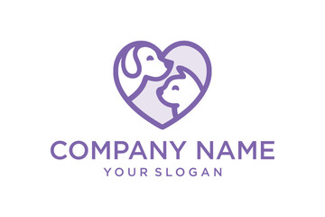 Minimalist Pet Love Logo with Dog and Cat in Purple Heart Shape Vector Illustration