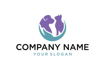 Pet Care Logo Design with Dog and Cat Silhouettes Cradled in Nurturing Hands, Veterinary Clinic and Animal Shelter Branding