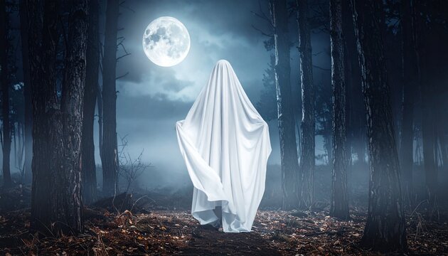 Ghostly figure in white sheet with black eye holes standing in a misty moonlit field—evoking classic Halloween eeriness and supernatural mystery.