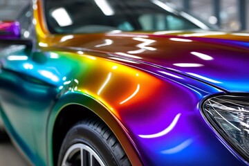 Car body featuring iridescent chameleon paint wrap