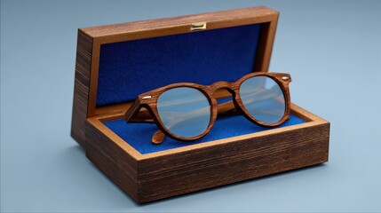 sunglasses in a dark wood gift box with blue velvet on beige background