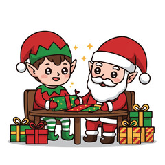 Illustration of Santa Claus and an elf sitting at a table with wrapped Christmas presents on a white background.