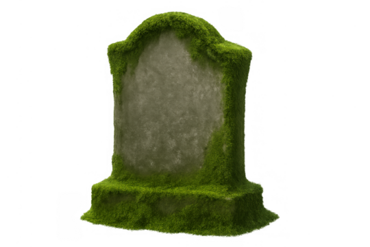 Old tombstone covered with green moss on transparent background
