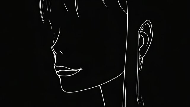 Minimalist Line Art Portrait of a Young Woman in Profile, White Outline on Black Background, Simple and Elegant Illustration