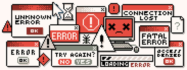 Pixel error popup windows. 8-bit warning messages, retro computer error alerts and pixel art danger popups as critical alert, fatal error, access denied, connection lost. Computer warnings concept