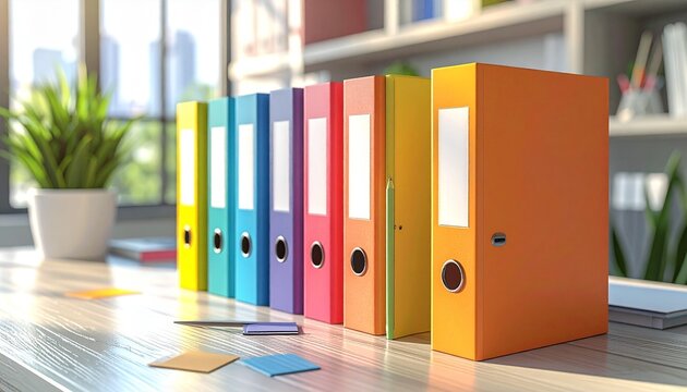 Row of colorful ring binders on a wooden desk in a sunlit office, surrounded by plants and stationery—symbolizing vibrant organization and productive workspace design.