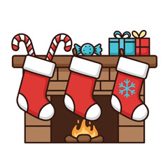 Illustration of Christmas stockings hanging by a fireplace with gifts and candy canes on a white background