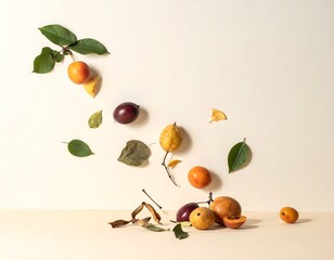 Autumnal Fruit Still Life - A Minimalist Composition of Plums and Persimmons.