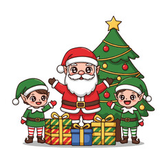Cartoon Santa Claus with two elves standing beside Christmas tree and gifts on white background