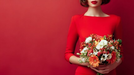 A woman in a bright red dress, holding a bouquet of flowers, radiating beauty for any occasion or celebration.