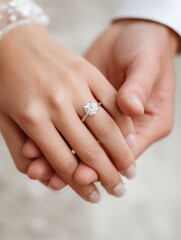 engagement wedding and relationships concept  close up of engaged couple with diamond ring holding hands no logos no brands ar 34