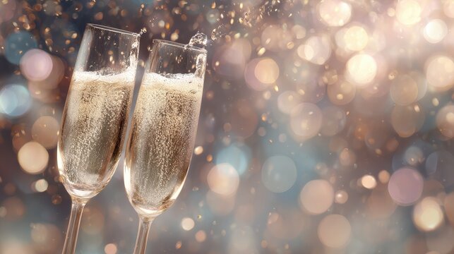 a festive banner featuring champagne glasses clinking against an abstract background of sparkling lights creating a magical atmosphere for celebration and a new years eve greeting card generative ai