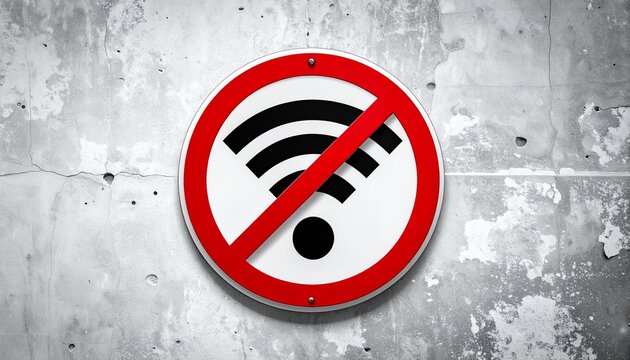 “No Wi-Fi” symbol with red circle and slash over black Wi-Fi icon on multicolored marble tile wall background.
