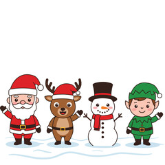 Cartoon illustration of Santa Claus, reindeer, snowman, and elf standing on ice against a white background with festive holiday cheer.