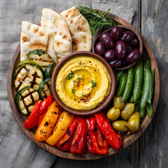 Hummus platter with grilled vegetables, pita bread, and olives