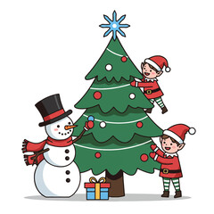 Cartoon illustration of two elves decorating a Christmas tree with a snowman on a white background.