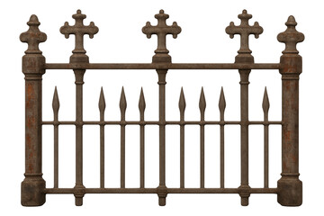 Old rusty gothic wrought iron fence section on transparent background