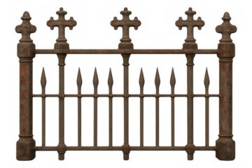Old rusty gothic wrought iron fence section on transparent background
