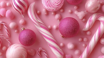 Fototapeta premium festive pink christmas candy cane and bauble decorations background