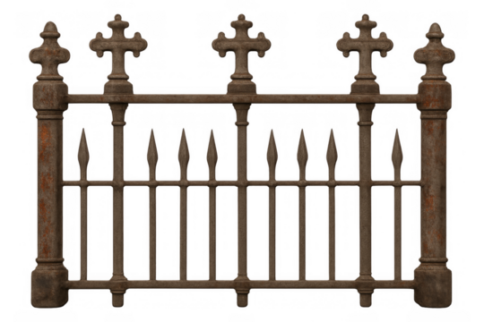 Old rusty gothic wrought iron fence section on transparent background