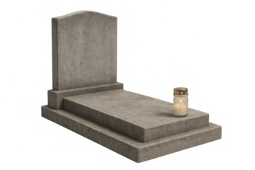 Grave memorial with burning candle on transparent background