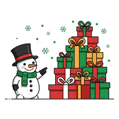 Snowman wearing a top hat and scarf pointing at a large pile of wrapped Christmas presents in red, green, gold, and white with bows on a white background with snowflakes.