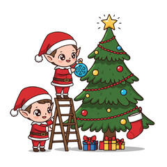 Two cheerful Christmas elves decorating a tree with ornaments on a ladder with gifts and a star on top against a white background