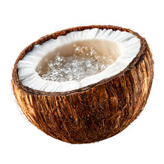 Freshly cut half coconut with white flesh and water isolated on transparent background