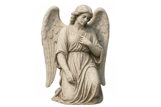 Kneeling angel statue on transparent background grieving - Powered by Adobe