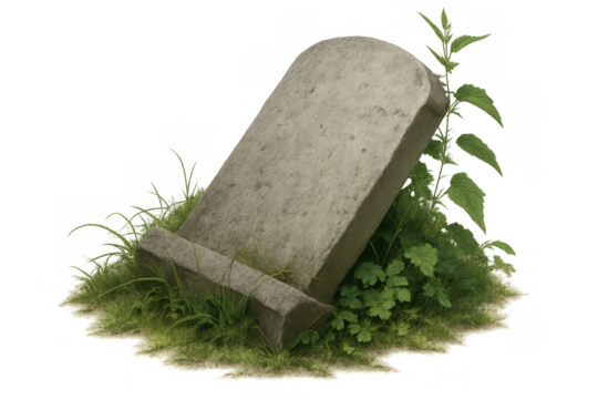 Old weathered tombstone standing in overgrown grass
