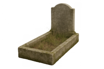 Old stone grave with headstone overgrown with grass