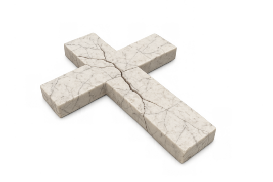 Broken marble christian cross symbolizing shattered faith
