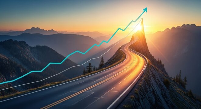 Reach new heights with this stunning upward trend, perfect for showcasing business growth and ambitious goals on a winding mountain road at sunset
