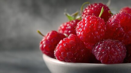   A close-up of a raspberry bowl with water droplets on top and bottom