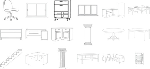 Compilation of technical drawings and blueprints for furniture, stairs, and industrial components