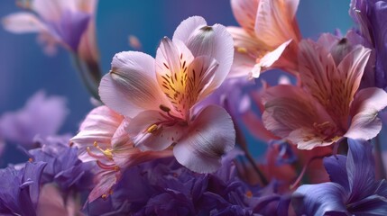 Floral Fantasy: Delicate Alstroemeria blossoms and iris flowers create a vibrant, artistic composition. The soft petals, highlighted by the bokeh background, evokes a feeling of peace and tranquility.