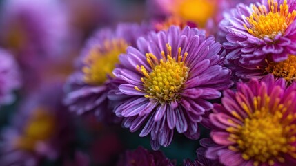 Obraz premium Purple Chrysanthemum Bouquet: A macro capture vibrant purple chrysanthemum with a golden center, part of beautiful bouquet, fills the frame, inviting you to revel in the splendor of nature's artistry.