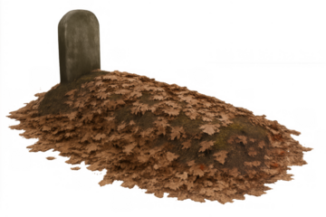 Gravestone and fallen leaves in autumn on transparent background