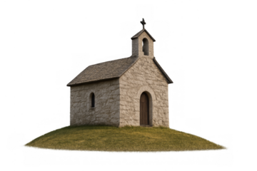 Stone chapel on grass hill with cross transparent background