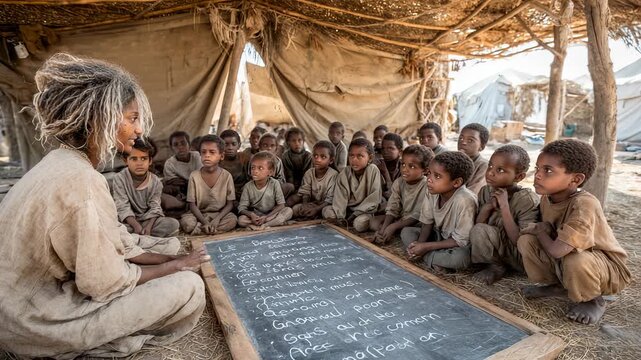 Impoverished Children Receiving Education in Refugee Camp, African Teacher and Students Learning with Blackboard Under Makeshift Shelter