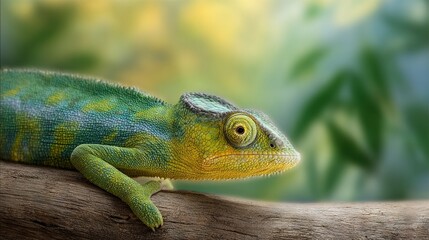    a chameleon on a branch against a green and yellow background
