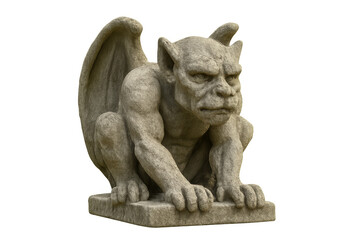 Stone gargoyle sculpture with wings on transparent background