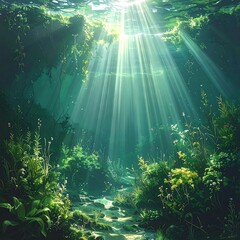 Obraz premium Sunlight Filtering Through Underwater Forest - A Serene Aquatic Scene.