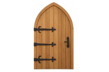 Wooden medieval arched door with wrought iron hardware