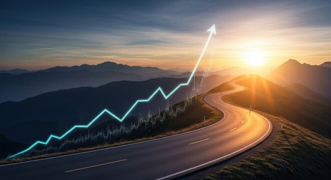 Drive your business success with a strategic roadmap to a brighter future, showing exponential growth and financial prosperity with a winding road