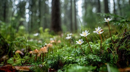   A lush forest brims with leafy greenery and a cluster of white blossoms rests atop it