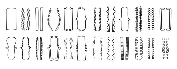 Hand drawn doodle brackets set. Scribble brackets and drawing in black. Wavy frames for text, silhouettes of parenthesis.