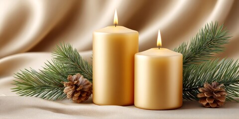 Golden candles burning with christmas pine decoration